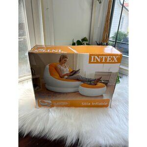 Y2K 90s vintage intex blow up plastic cafe chase chair white orange foot stool